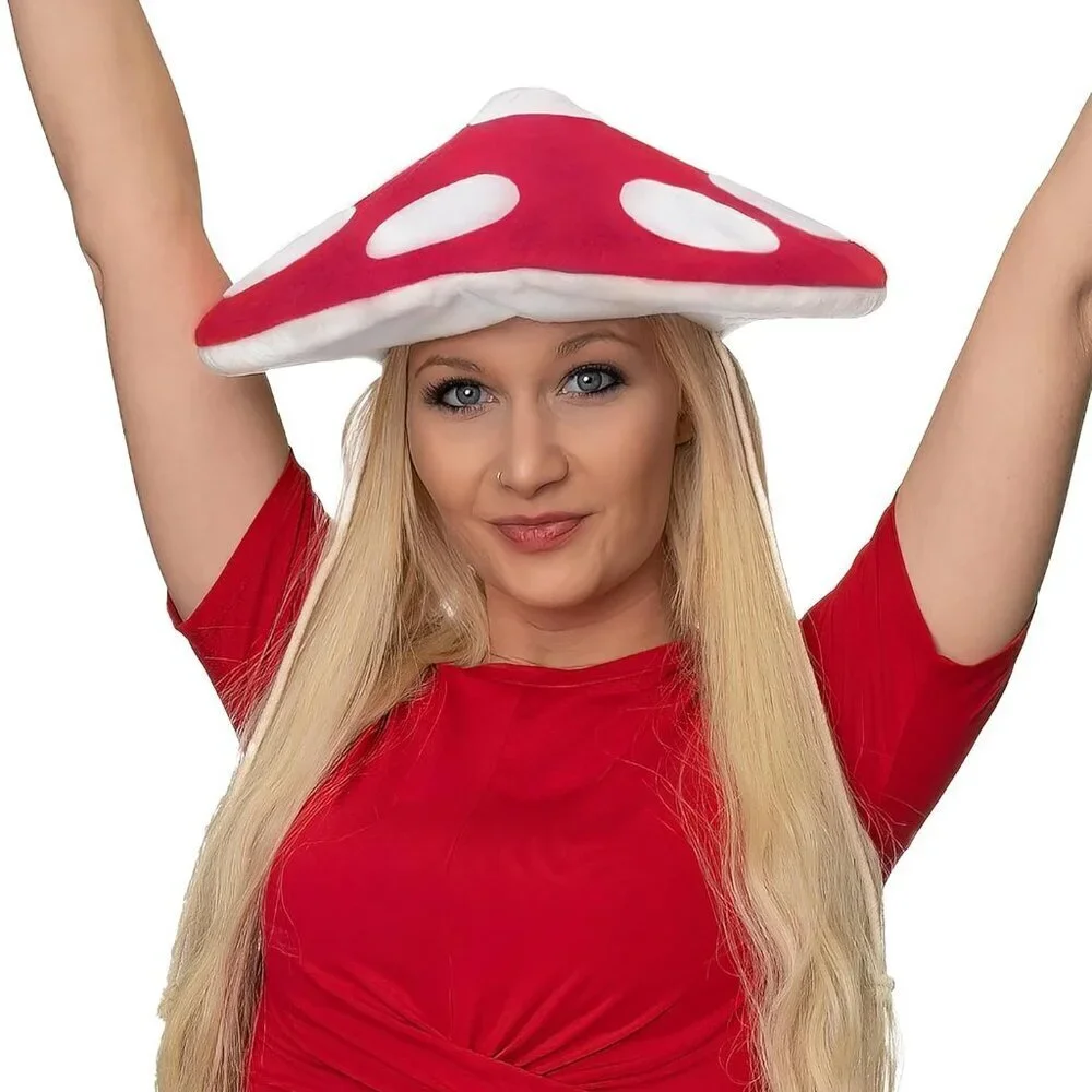 Red Mushroom Hat Costume Fedora Cap Cosplay Halloween Roleplay Women Teens Adult